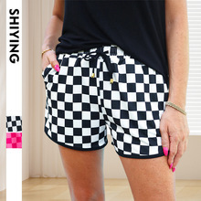 时颖夏季时尚女装休闲裤女跨境外贸新款抽绳格子印花女式三分短裤