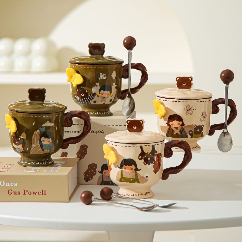 Retro chica taza de pie alto caja de regalo mariposa alta sensación de taza de cerámica con tapa de regalo de cumpleaños de chicas