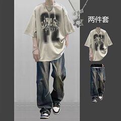 香港風ins潮牌カジュアルスーツ男夏綿五分半袖tシャツセット