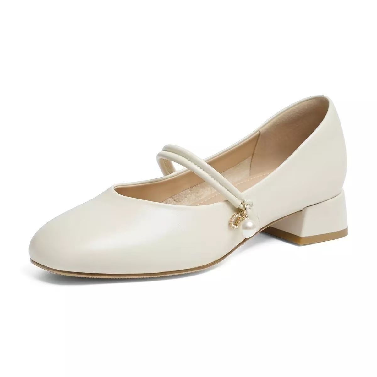 La primera capa de piel de vaca simple zapatos de moda para mujeres verano 2026 nuevo estilo simple de moda versátil tacones gruesos colgantes de perlas