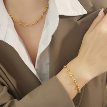 个性风格重工打造金属钛钢勾型拼接链镀金不掉色项链手链首饰套装