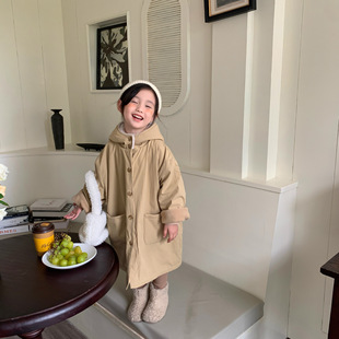 Wheat field season 2023 autumn and winter new Korean children's clothing children's velvet trench coat hooded long coat cotton-padded coat for boys and girls