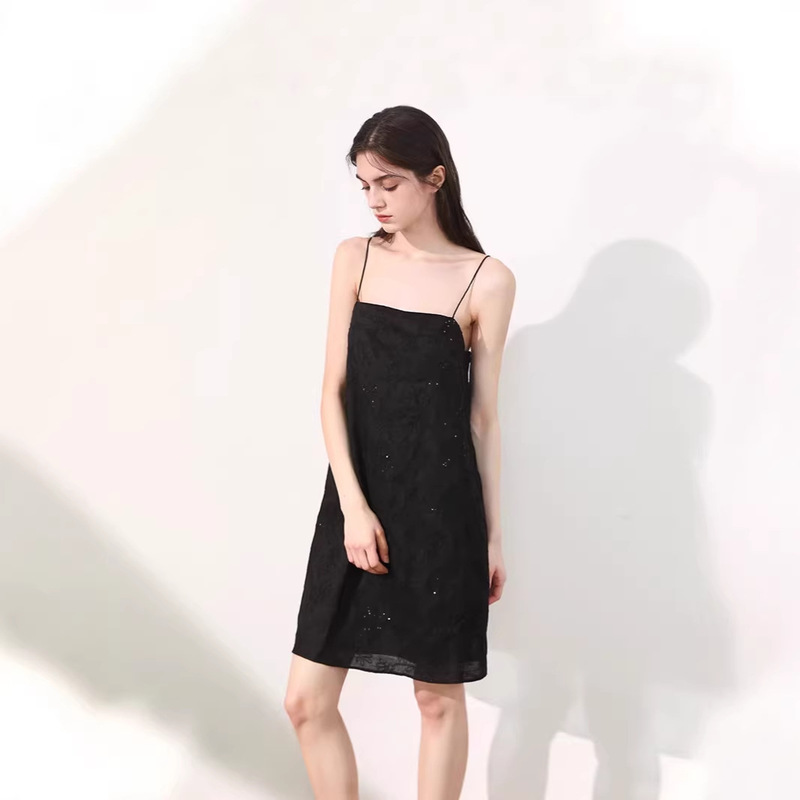 Summer Ramie Sequin Embroidered Spaghetti Strap Dress, Artistic Style, Petite Slim Fit, Mid-Length A-Line Dress 75379