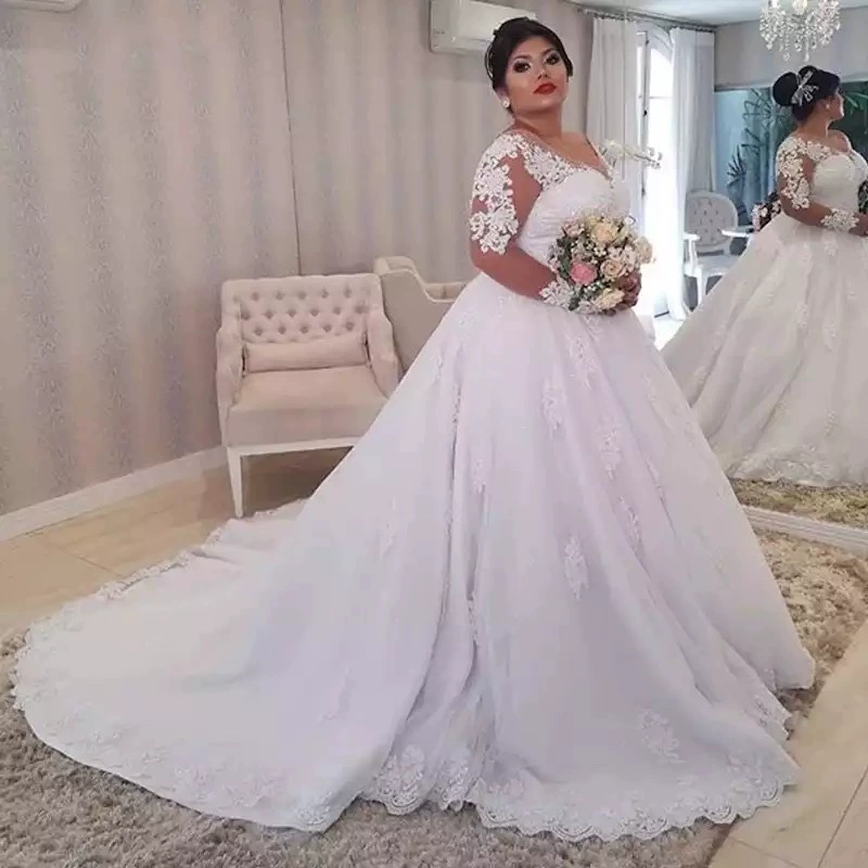 Платье кружевное длинный рукав (Aliexpress), V-образный вырез, европейский стиль, белый, плюс размеры оптом