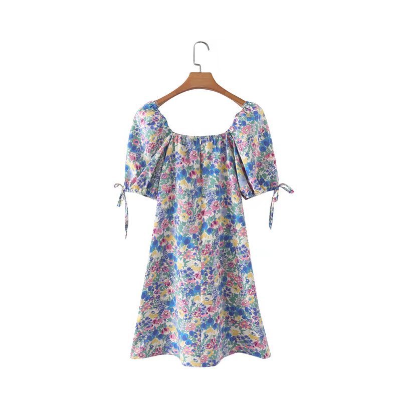 low-cut short sleeve lace-up slim floral dress NSAM129000