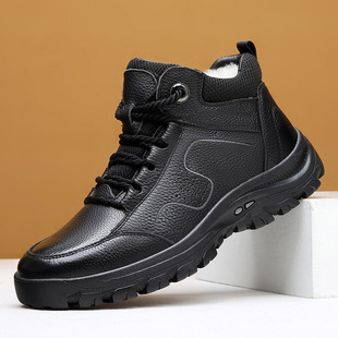 Casual High-Top Hiking Snow Boots 2024 Winter Men's Cotton Boots Genuine Leather Warm Fleece-Lined Thickeneded Wool Boots