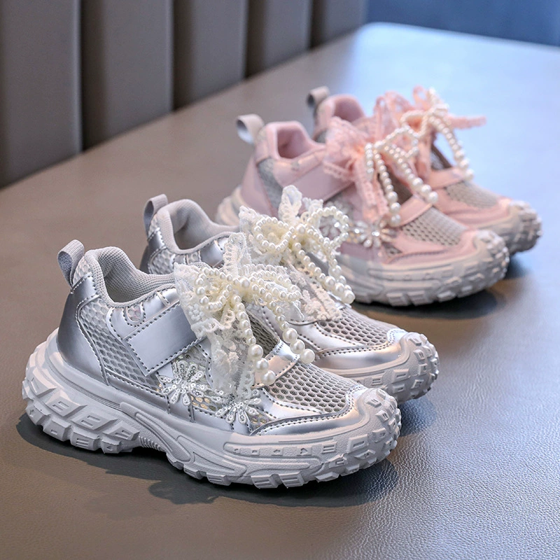Детские спортивные сандалии для девочек весна/лето 2025, новые, сетчатые, дышащие, с бантиком, «папины туфли», ажурные, трендовые туфли принцессы.