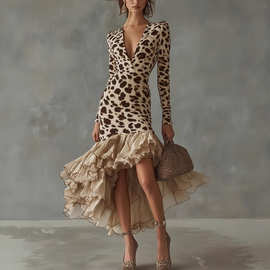 2026欧美女装亚马逊独立站 长袖V领数码印花石头纹拼接网纱连衣裙