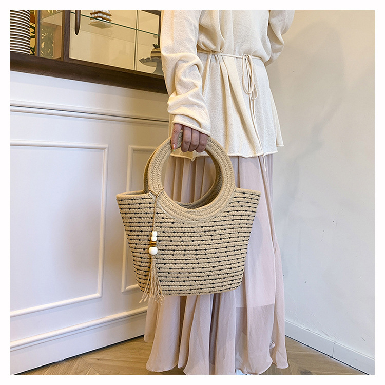 Women's Straw Stripe Vacation Weave Sewing Thread Bucket Open Straw Bag