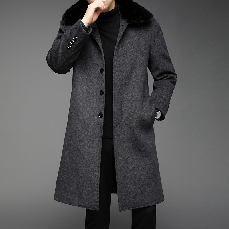 加绒大衣中年男式休闲中长款羊毛外套毛里可拆卸加厚保暖毛呢风衣