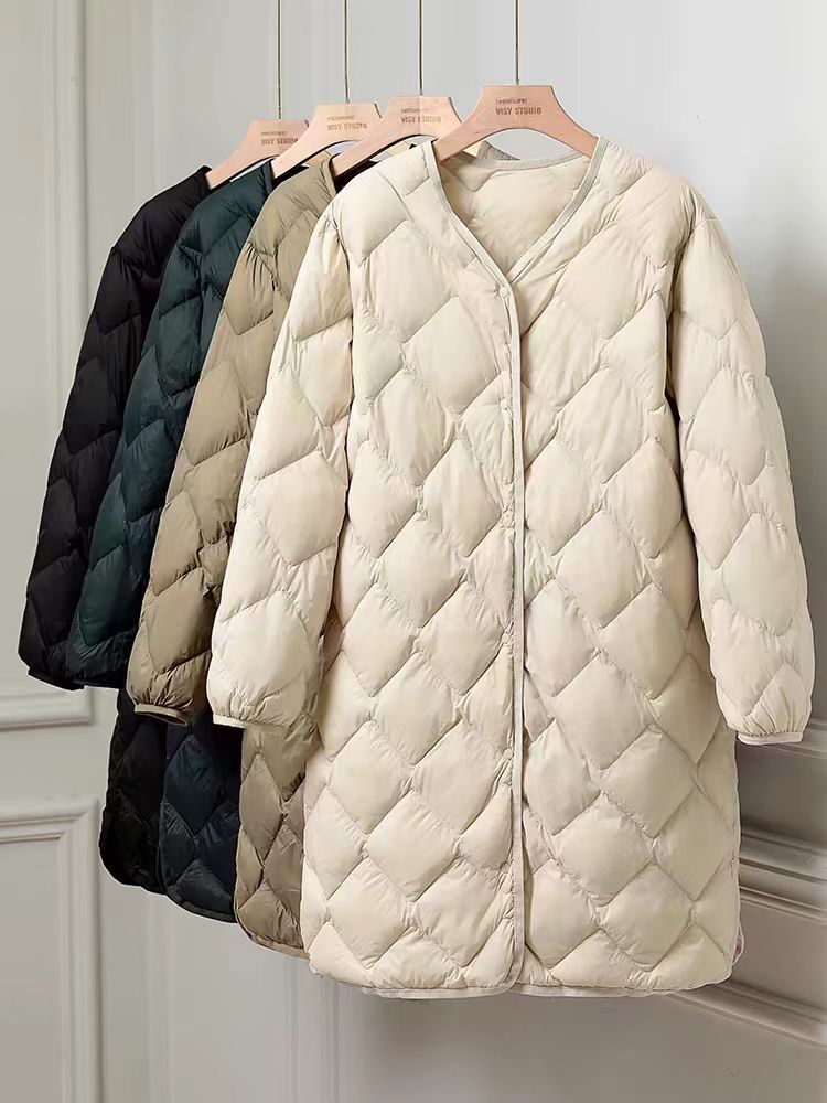 Nuevo otoño y invierno plumón chaqueta de mujer ligera media larga V-cuello redondo cuello interior de la chaqueta de abrigo
