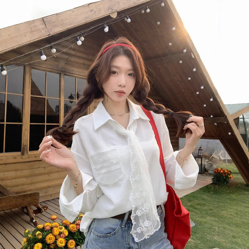 Korean Style Lace Tie Long Sleeve White Shirt Women's Spring Fresh Design Sense Casual All-match Shirt Cardigan Top