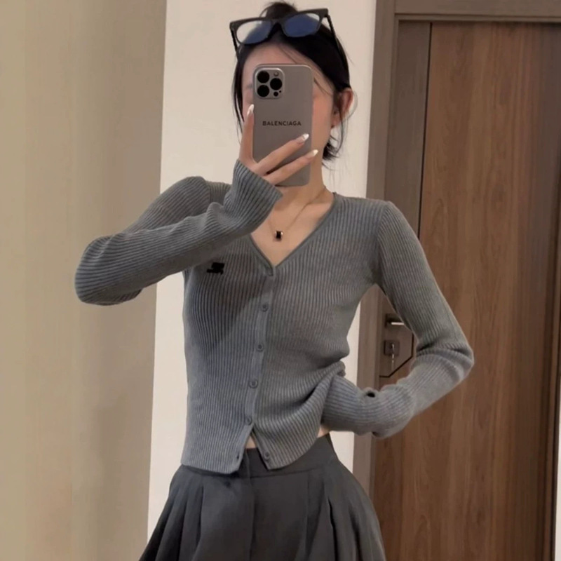 Gray V-neck long-sleeve knit top for women, new autumn and winter fashion slim-fit base shirt Gray V-neck long-sleeve knit top for women, new autumn and winter fashion slim-fit base shirt