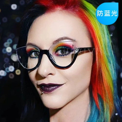 Half-frame rhinestone vintage plain glasses  European and American cat-eye trendy anti-blue light eyeglass frames ins eyewear frames
