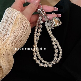 Ins Cool Style Simple Pearl Double Chain Love Mobile Phone Chain Suitable for 15 Mobile Phone Case Universal Hanging Chain Mobile Phone Chain