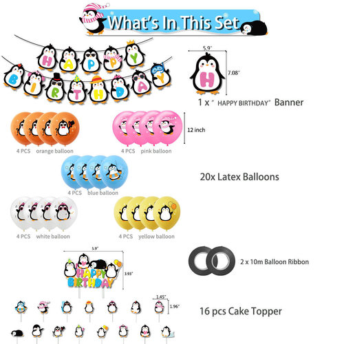 Penguin theme party decorations, penguin flags, cake inserts and balloon sets, children's birthday party supplies