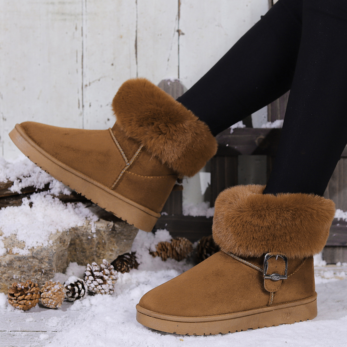 2023 de espesor talón plano de invierno de fondo plano forrado de lana de algodón acolchado noreste Comercio exterior botas de nieve transfronterizas para las mujeres