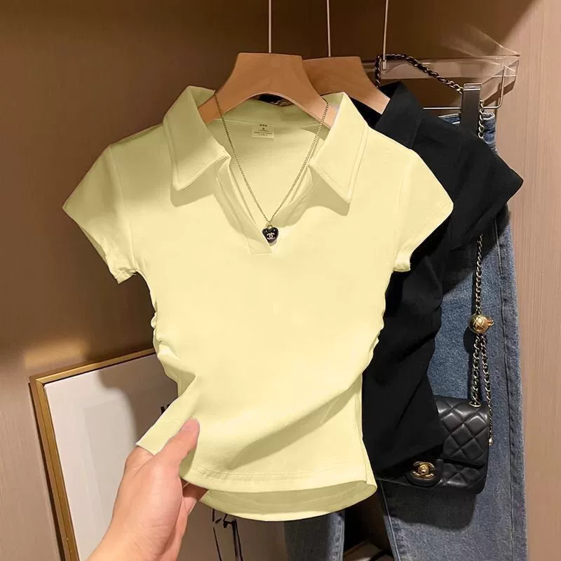 Плиссированный воротник-поло из чистого хлопка на правое плечо, повседневный топ из чистого хлопка, летняя тонкая футболка с короткими рукавами в корейском стиле, тонкая и универсальная