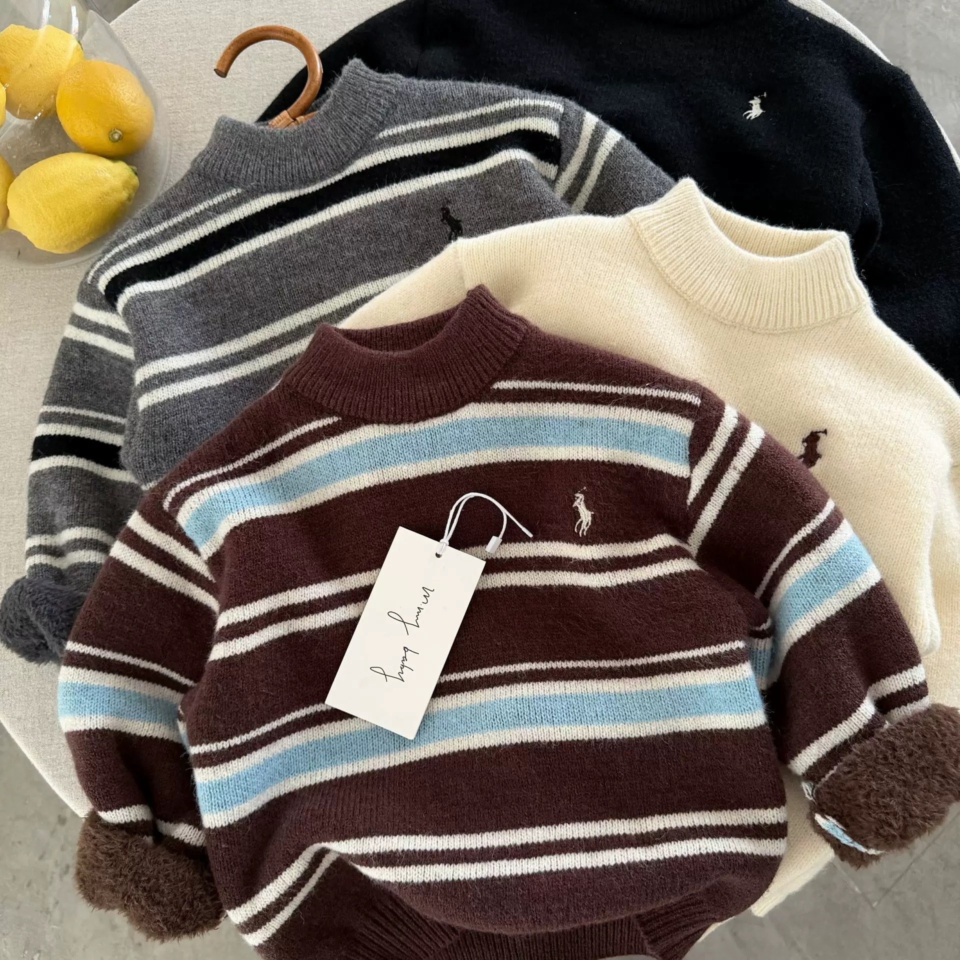 Boys' Fleece Knitwear 2025 Autumn and Winter New Fashion Brand Kidsren's Stripesd Embroidered Knitwear Baby Kidsren's Pullover