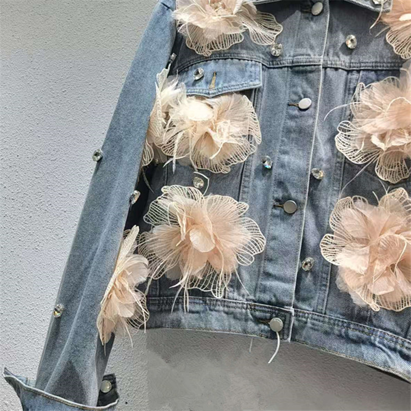 2026 primavera Han Fan lujo ligero temperamento dulce extranjero con solapa industria pesada chaqueta denim de flores de moda image 3