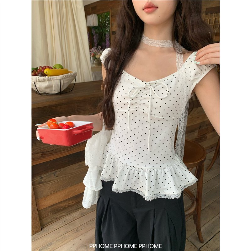 1*1 Cool Silk Cotton Korean-Style Lace Ruffle Hem Polka Dot Off-Shoulder Short-Sleeve T-Shirt for Women, Spring and Summer Off-Shoulder Top 1*1 Cool Silk Cotton Korean-Style Lace Ruffle Hem Polka Dot Off-Shoulder Short-Sleeve T-Shirt for Women, Spring and Summer Off-Shoulder Top