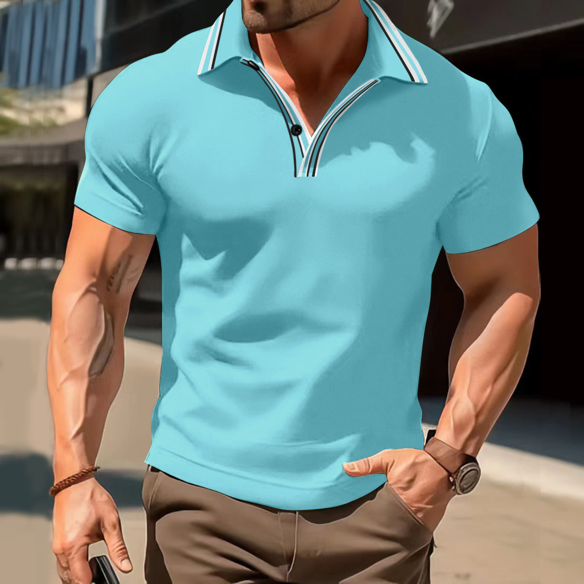 Neues Herren-Poloshirt mit Kragen, Streifen, lässig, V-Ausschnitt, Knopfleiste, vielseitiges T-Shirt_voghion.com