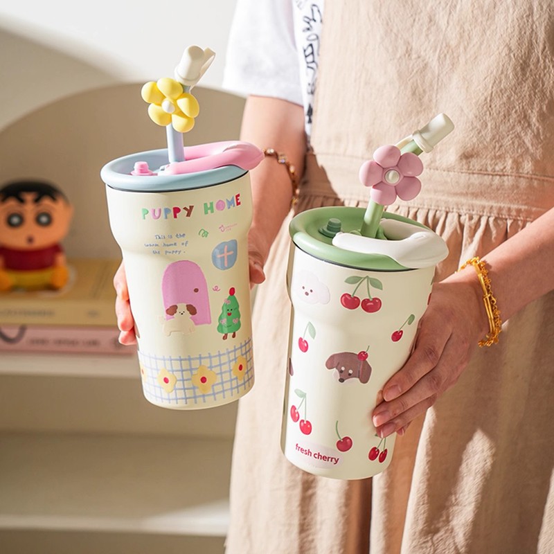 かわいいウォーターカップ、女の子向け魔法瓶カップ、見栄えの良い学生用保冷カップ、かわいいオフィス、コンパクトで持ち運び可能なダブルストロー|undefined