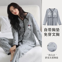 带胸垫睡衣女长袖薄款秋季卡通少女V领开衫休闲家居服可外穿套装