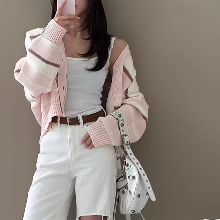 Retro francés otoño nuevo rayas cuello en V suéter de manga larga mujer floja suelta cardigan de punto de moda image 5