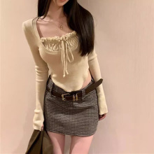 【纯欲主旋律】2024春三色方领系带抽褶显胸针织衫打底上衣女