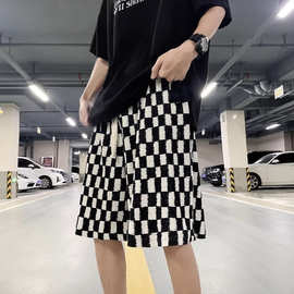 夏季棋盘格子短裤男复古美式潮牌痞帅潮流宽松阔腿篮球运动五分裤