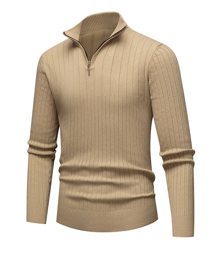 Suéter masculino primavera / otoño / invierno de manga larga cuello sólido hombre medio cremallera comercio exterior simple camisa de punto de color sólido casual