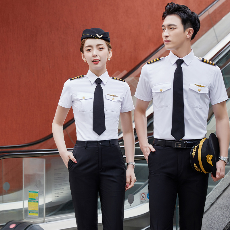 New Men's and Women's Short-sleeved Captain's Shirt Uniform High-speed Railway Baoan Work Clothes Shoulder Shoulder White Military Uniform for Summer