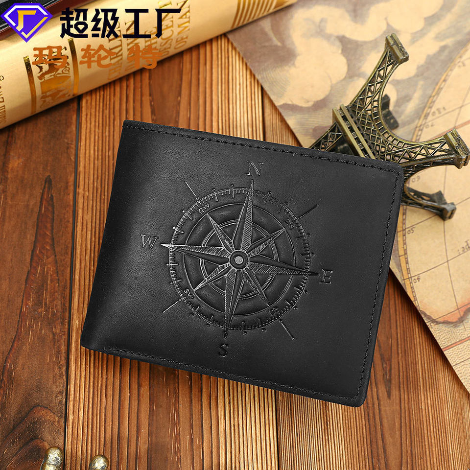 Ví nam da thật dạng ngắn 2 gấp đa năng chống trộm, họa tiết la bàn, 11×2×9 cm — Black Mad Horse Peel (La bàn), Cà phê (tháp), Cà phê ngựa điên (Compass), Cà phê ngựa điên