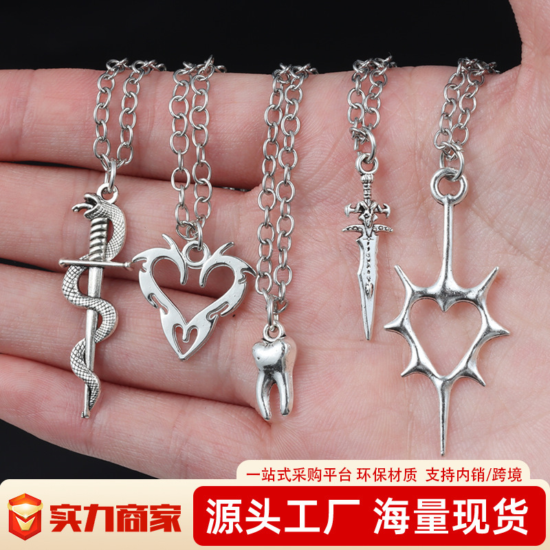 Punk Snake Wrapped Sword Necklace Retro Dark Style Silver Clavicle Chain Niche Design Cross-Border Jewelry Wholesale Punk Snake Wrapped Sword Necklace Retro Dark Style Silver Clavicle Chain Niche Design Cross-Border Jewelry Wholesale