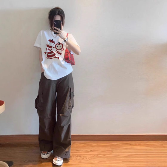 White Short-sleeved T-shirt Women's Summer 2025 New Online Popular Loose Korean Style Lazy Style Pure Cotton Half-sleeved Shoulder Top