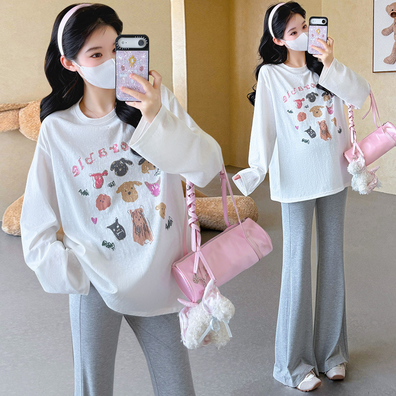 Pregnancy Outfits 2026 Spring/Summer Thin Loose Cartoon Print T-Shirt + Flared Pants Hot Mom Commuting Maternity Set Pregnancy Outfits 2026 Spring/Summer Thin Loose Cartoon Print T-Shirt + Flared Pants Hot Mom Commuting Maternity Set