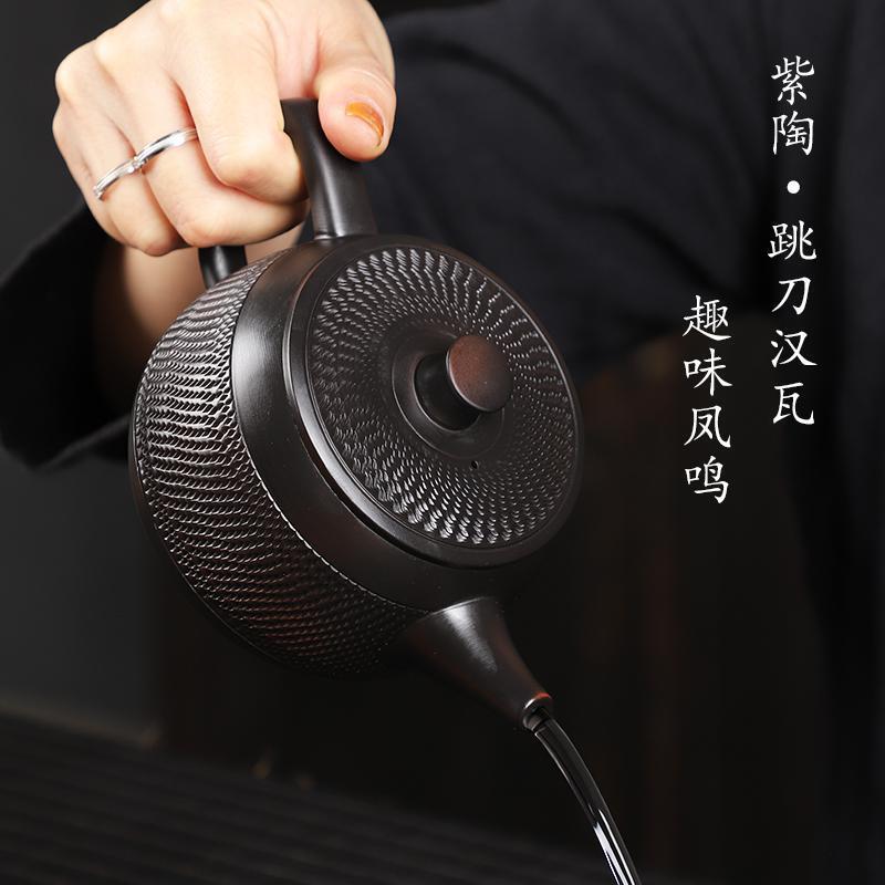 Jianshui Purple Pottery Full Handmade Jumping Knife Pattern Han Tile Pot Fengming Pot Large Capacity Purple Pottery Pot Household Tea Set suit