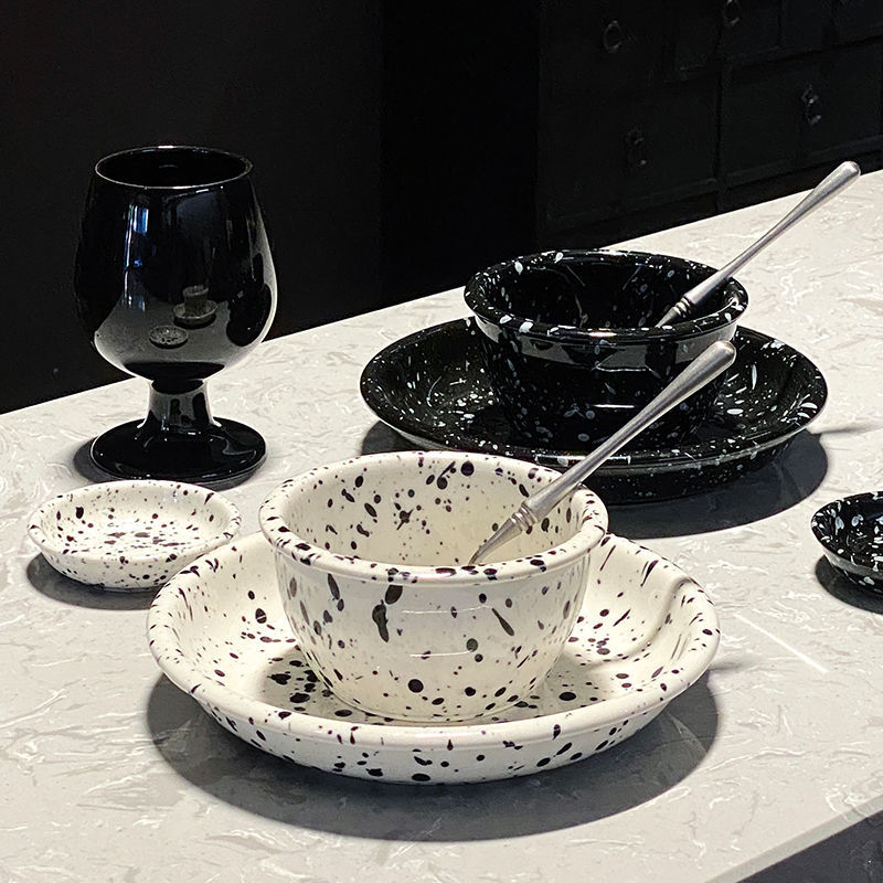 Ins Style Splash Ink Bowl and Plate Set High-End Retro Ceramic Breakfast Plate Western Steak Plate Salad Bowl Oatmeal Bowl