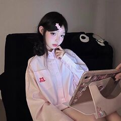 美式条纹长袖粉色衬衫春秋新款刺绣衬衣开衫防晒宽松上衣百搭外套