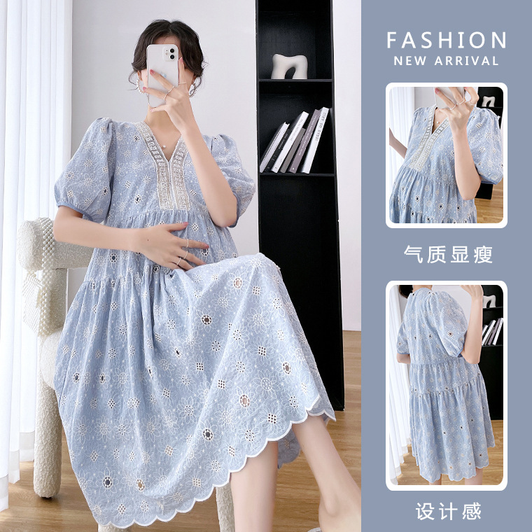 Real shot goods in stock maternity dress Embroidery 2022 Summer style Heavy Industry v Hollow Korean Edition pregnant woman Dress