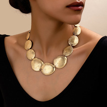 欧美跨境夸张几何纹理椭圆形锁骨项链 时尚金属长款流苏earrings