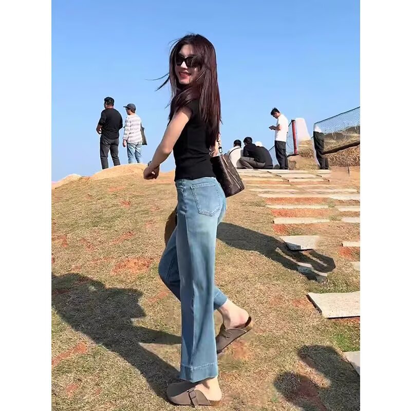 Blue Straight-Leg Jeans for Women, Summer Thin Style, Plus Size, High-Waisted, Slimming, Drapey, Cropped Narrow Wide-Leg Pants Blue Straight-Leg Jeans for Women, Summer Thin Style, Plus Size, High-Waisted, Slimming, Drapey, Cropped Narrow Wide-Leg Pants