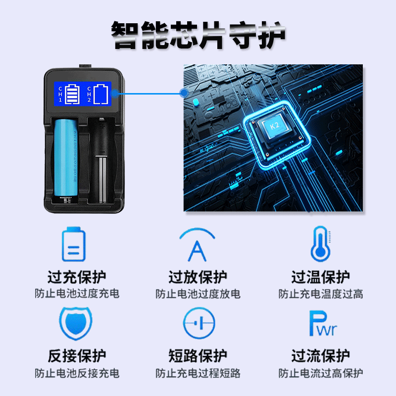 强光手电筒18650充电器 镍氢AA AAA充电器 LCD显示双槽USB充电器详情5