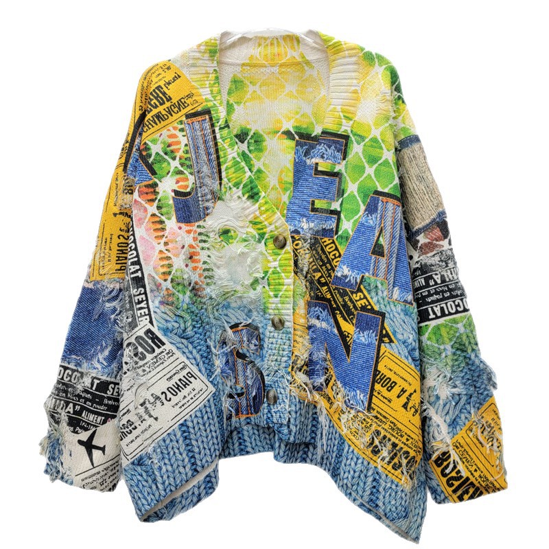 2025 otoño y invierno nuevos productos American Street Graffiti digital impresión frillera suelta cardigan de punto de manga larga image 5