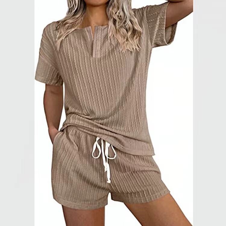 2024 European and American Amazon Summer Women's Rib Knitted Pajamas Set Short-sleeved Pajamas 2-piece Home Clothes