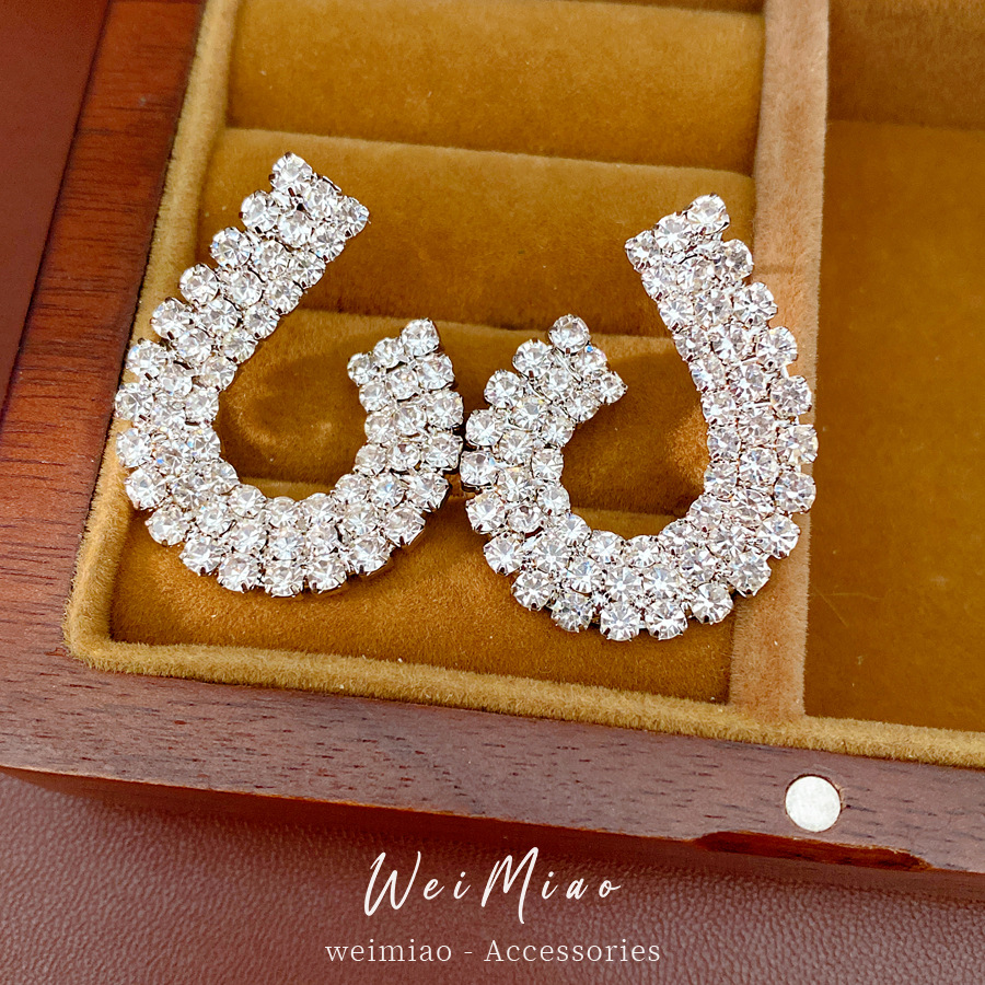 Agujas de plata diamantes geométricas aretes redondos estilo europeo y americano personalidad pendientes de nicho ligero lujo alta sensación de aretes al por mayor