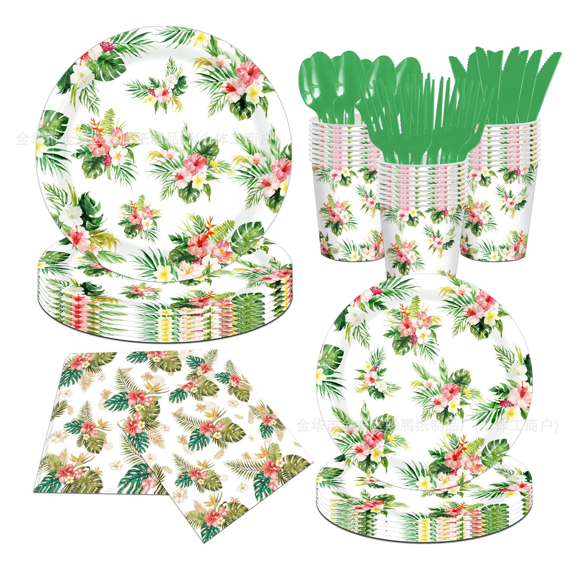 Transfronterizo nuevo verano vegetal tropical cubiertos de fiesta familiar tazas de papel toallas de papel conjunto de bandeja de papel desechable