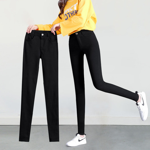 Plus-size leggings for women, outerwear for autumn and winter—thickened, high-waisted, slimming, skinny-fit pants—tight pencil-style casual magic pants, black.