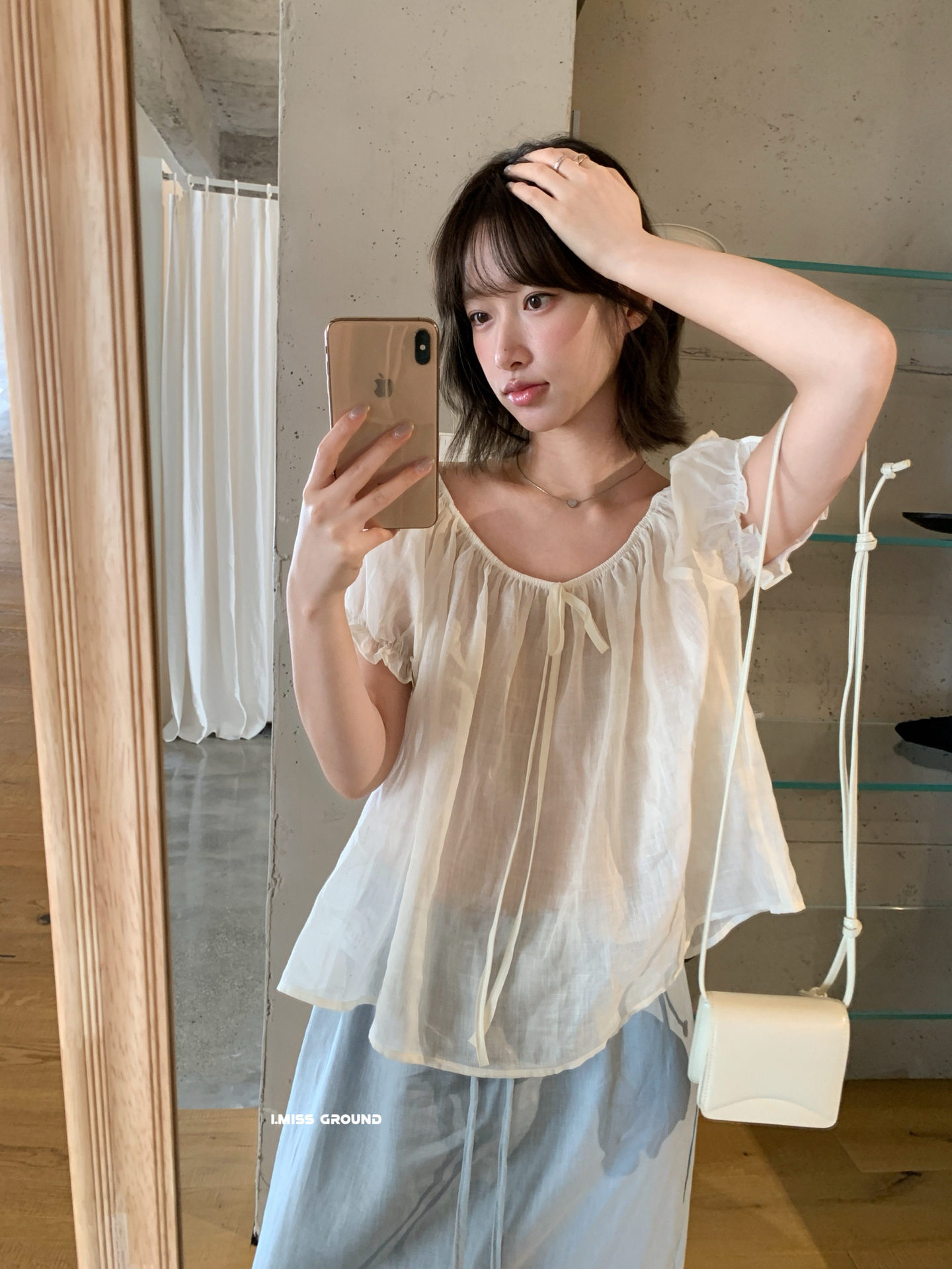 Áo sơ mi nữ tay bồng dây rút chất liệu ramie phong cách Pháp — xanh đậm, màu hồng, Xanh nước, ngọc trai trắng chi tiết 17